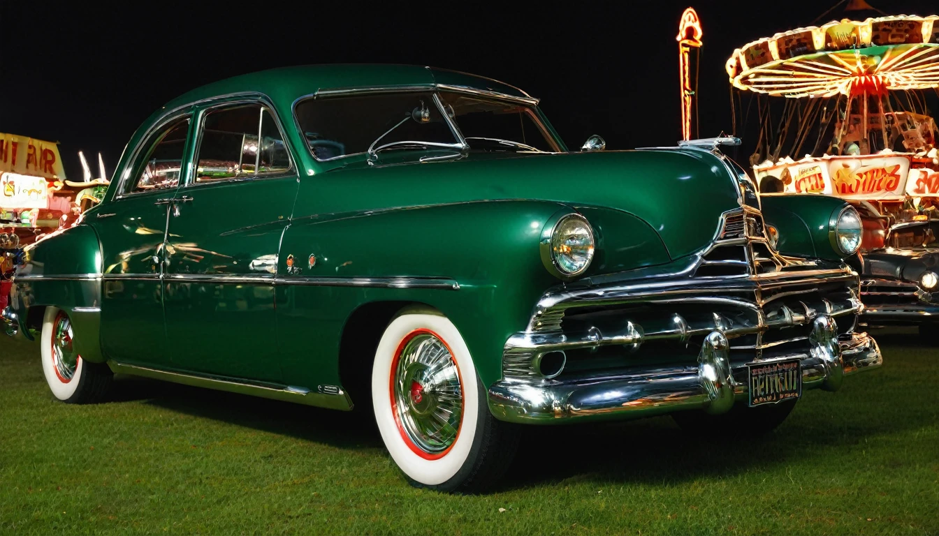 1952 Dodgel Kingsway, STAR WHEEL, WIDE WHEEL, British racing green COLOR, LIGHTED HEADLIGHTS, DARK WINDOWS, parked outside of a fun fair