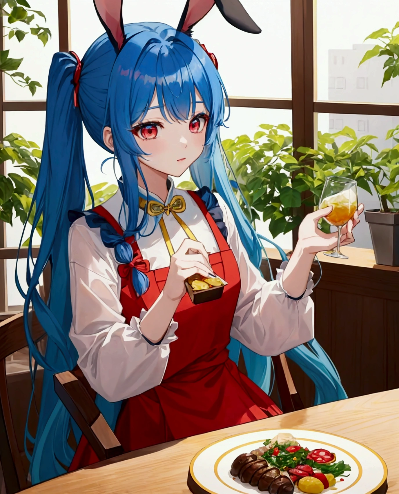 ((최고의 품질)), ((걸작)), (상세한), 여자 1명,Create an anime-style digital artwork of a character with long, blue hair tied into twin tails with bangs, and bright red eyes. The character has rabbit ears and is wearing a stylish party dress. The setting is a grand feast, with the character sitting in front of a table full of delicious food. The scene should convey a festive and luxurious atmosphere.