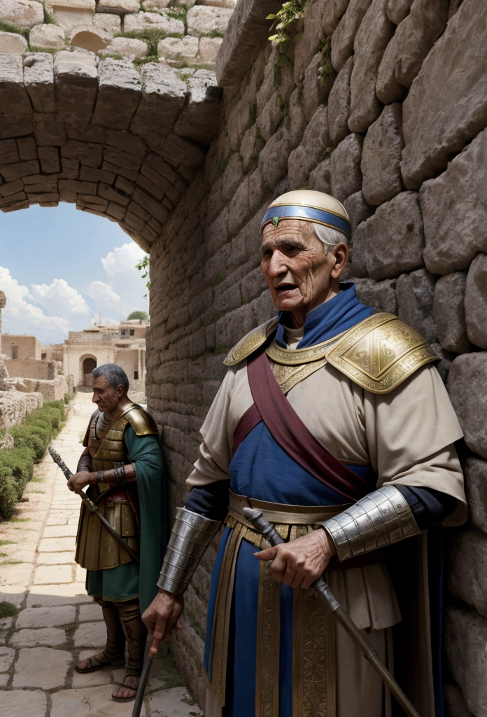 Roman soldiers capturing an elderly Cicero near his villa, his face showing a mix of resignation and defiance.