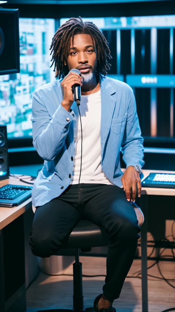Man sitting in studio with talking in mic looking straight