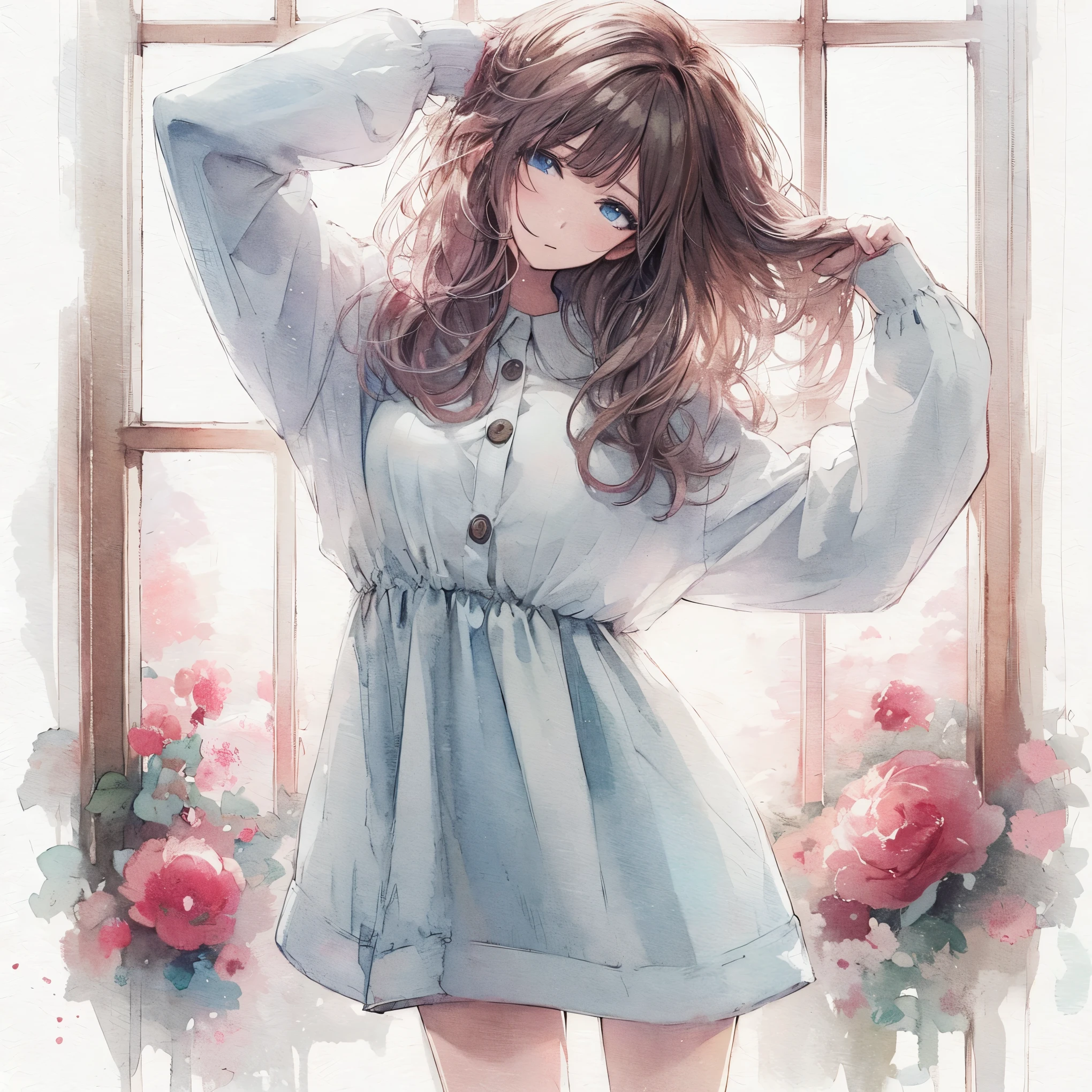 Official art using high-quality hand-drawn watercolor sketch techniques. (best quality,4k,8k,highres,masterpiece:1.2),ultra-detailed,beautiful detailed eyes,A girl with beautiful eyes, everyone, beautiful anime girl, cute anime girl, smooth anime art, anime style, elegant colors, soft lighting, delicate beautiful eyes, very coquettish, (beautiful large breast:1.2), (correct hands:1.2),