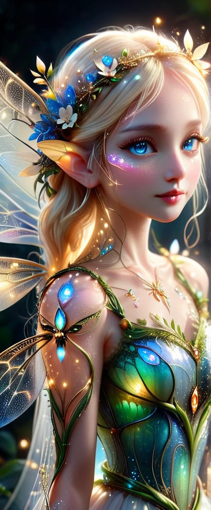 (master piece), 8k, best quality, panoramic view, full body view, fairy, emanated an aura of delicacy and youth, 12 centimeters tall. Her skin was white as snow, while her blonde hair shone like strands of gold in the sun. Her very conservative clothes that cover her body well, made of skillfully woven flower petals, 4 delicate translucent dragonfly wings, exuded an enchanting glow, lighting her way with pure magic. Her blue eyes sparkled, while her pointed elfin ears added a touch of charm to her celestial appearance.