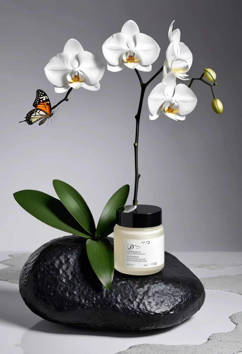 Minimalist, creative composition, medium and long view, product shooting, a white skin care product placed on a huge rock, white orchid, slender leaves, no text, a butterfly, Japanese Zen style, elegant, solid color background,
