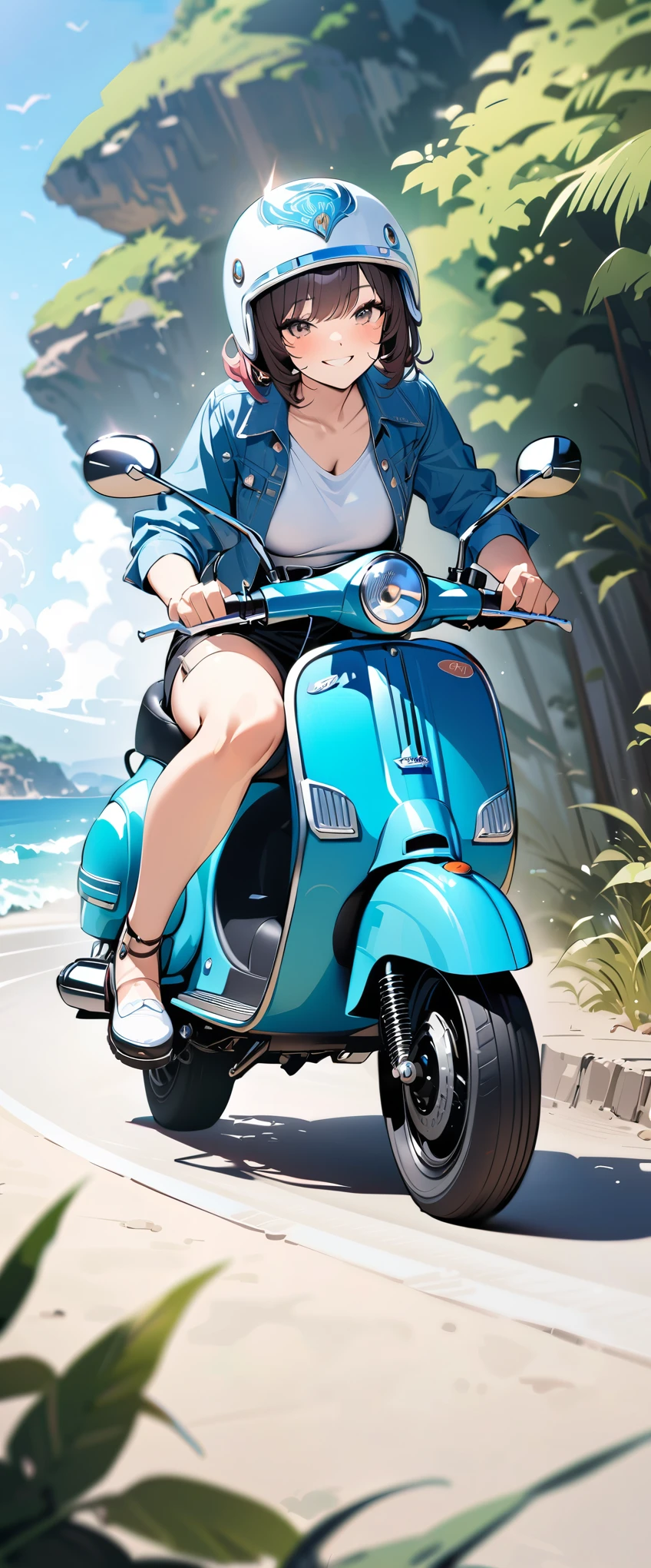 (masterpiece),(Highest quality:1.2),(Super detailed),(High resolution),(Highest quality),An illustration,8k,wallpaper,One female,A woman riding a green Vespa along a coastal road,(smile),Retro helmet,Stylish clothing,Detailed hands,Beautiful female hands,(Hand,detailed,perfect,perfection,hands),Blurred Background,blue sky,Beautiful sea,Enoshima Style