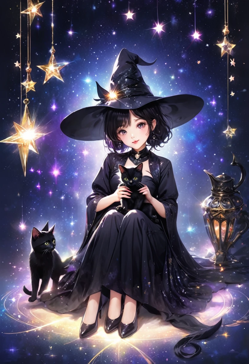 witch, Sitting elegantly and playing with a black kitten,Magic Background 、The background is a glittering star