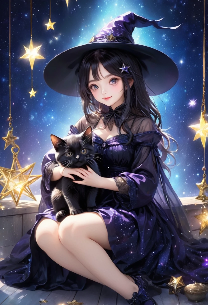 witch, Sitting elegantly and playing with a black kitten,Magic Background 、The background is a glittering star