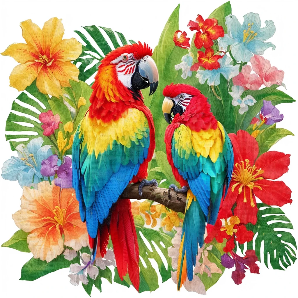 two colorful Parrots sitting on a branch with flowers and leaves, tropical birds, Parrots, tropical paradise, tropical mood, brightly colored bird, tropical, parallel lines, tropical flowers, f 3 2, F32, Parrot, blooming tropical flowers, Aerial View, tropical style, Colorful, Bird-of-Paradise, 空灵金刚Parrot, f 2 4, f2 0