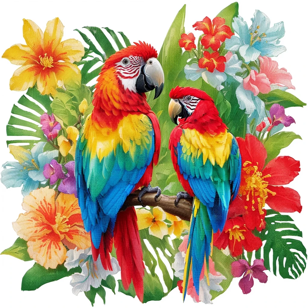 two colorful Parrots sitting on a branch with flowers and leaves, tropical birds, Parrots, tropical paradise, tropical mood, brightly colored bird, tropical, parallel lines, tropical flowers, f 3 2, F32, Parrot, blooming tropical flowers, Aerial View, tropical style, Colorful, Bird-of-Paradise, 空灵金刚Parrot, f 2 4, f2 0
