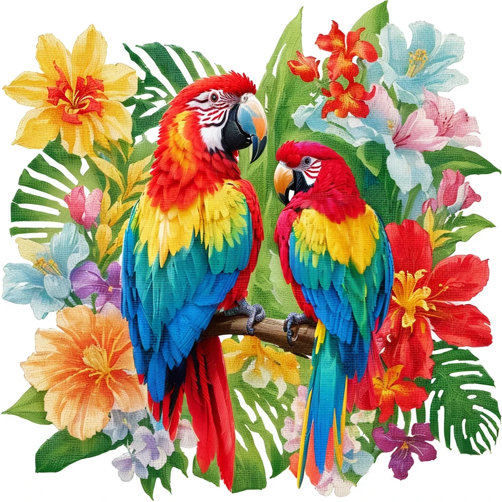 two colorful Parrots sitting on a branch with flowers and leaves, tropical birds, Parrots, tropical paradise, tropical mood, brightly colored bird, tropical, parallel lines, tropical flowers, f 3 2, F32, Parrot, blooming tropical flowers, Aerial View, tropical style, Colorful, Bird-of-Paradise, 空灵金刚Parrot, f 2 4, f2 0