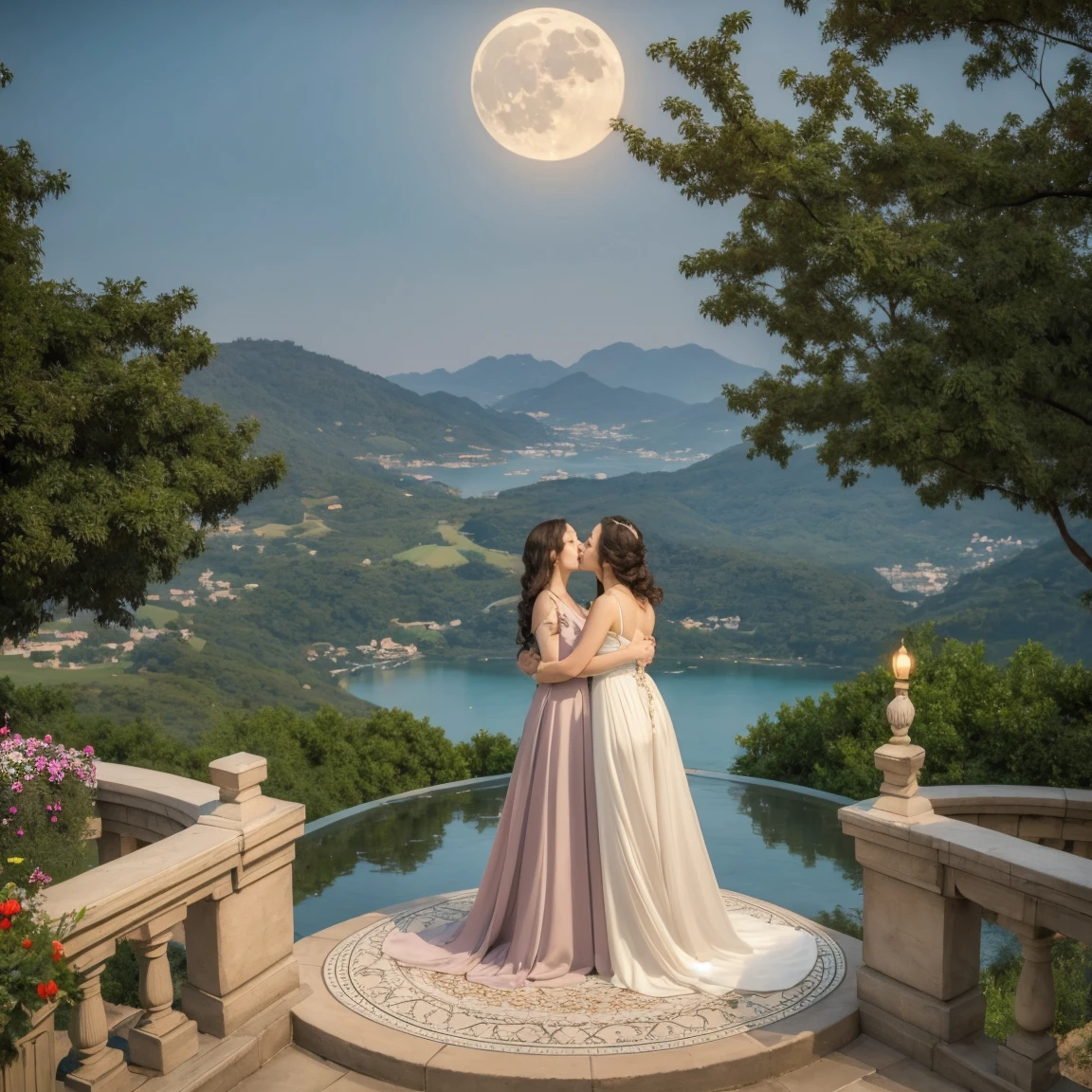 (masterpiece, best quality:1.5), two women is deeply in love with each other, kiss, romantic atmosphere, flower and moon, magnificent panorama view