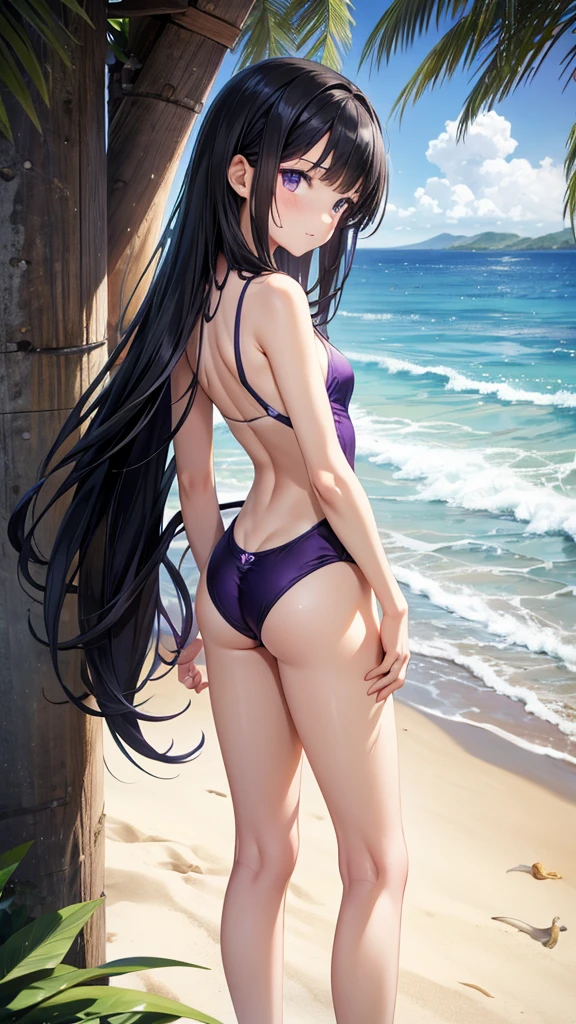 -year-oirl w long straight black hair，Bare arms，Purple and white swimsuit，Turn around，Backless，Hips，Bare Legs，barefoot，Standing，beach