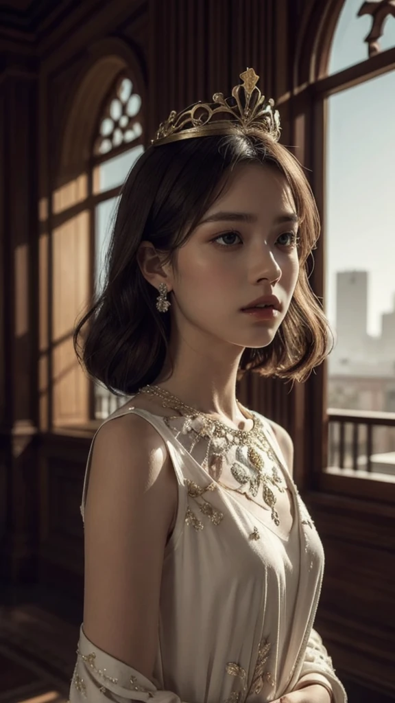 8k, best quality, masterpiece, realistic, highly detailed, photo realistic, Improve quality,
royal princess wearing beautiful dress with intricate motifs, princess shoulders visible, wearing royal crown, blurred royal skyline, palace roof, twilight, natural light, royal torchlight, depth, ethereal background, intense and introspective mood, soft diffused natural light, warm artificial side light, moody atmosphere, skin texture, royal era aesthetics (rough:0.4), thoughtful expression, charismatic