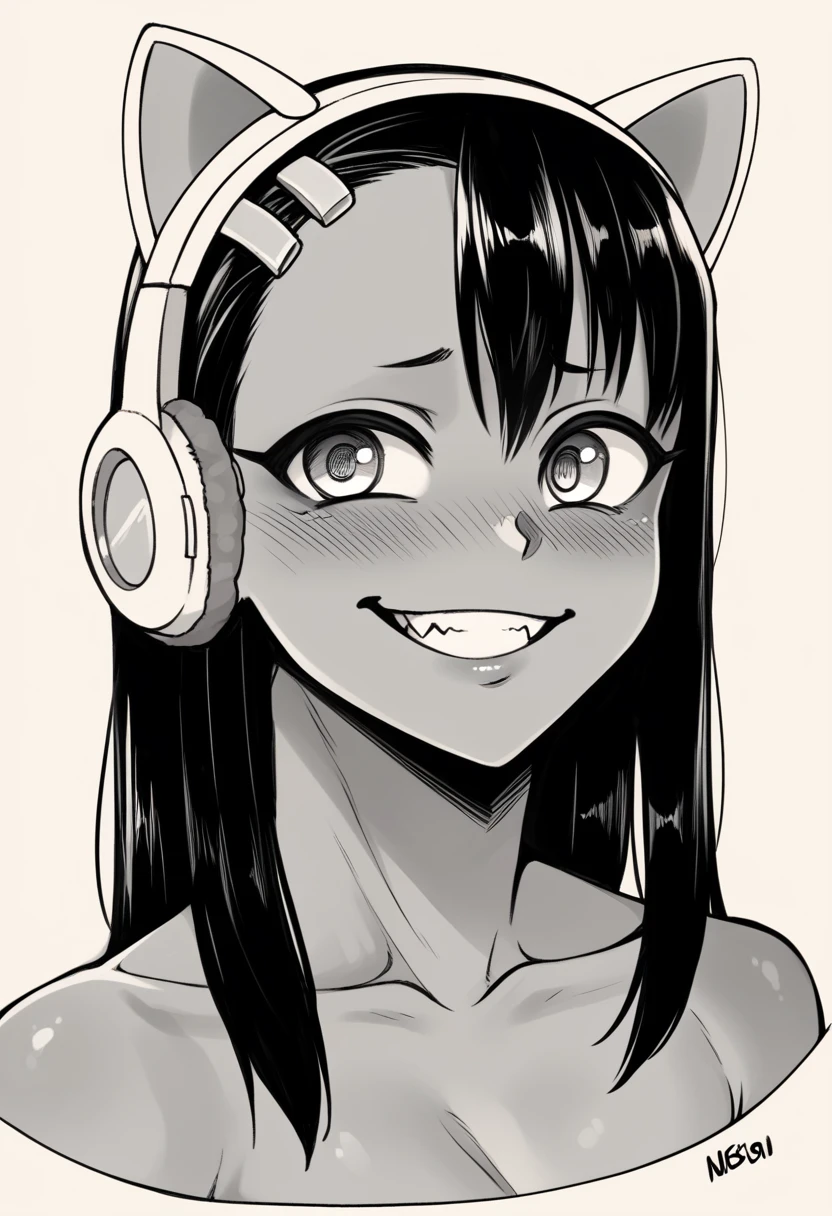 top quality picture, 8k, (photorrealistic), (((Draw a realistic, high resolution portrait of a Nagatoro woman)))(Make sure she is in a half-length pose and has a charming blush on her cheeks)(Create an image featuring a character with neon pink hair)(The character must have vibrant, hair that stands out) (Your eyes should have a striking tone , adding a captivating visual element) (Make sure these two characteristics are prominent in the overall composition) (Explore creativity by incorporating additional elements that complement the neon color palette) wearing cat ear headphones, he used to smile, Facing the camera