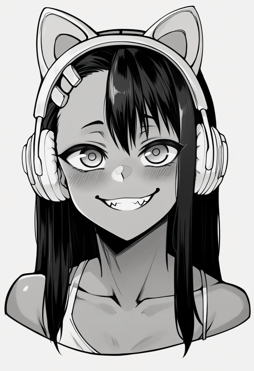 top quality picture, 8k, (photorrealistic), (((Draw a realistic, high resolution portrait of a Nagatoro woman)))(Make sure she is in a half-length pose and has a charming blush on her cheeks)(Create an image featuring a character with neon pink hair)(The character must have vibrant, hair that stands out) (Your eyes should have a striking tone , adding a captivating visual element) (Make sure these two characteristics are prominent in the overall composition) (Explore creativity by incorporating additional elements that complement the neon color palette) wearing cat ear headphones, he used to smile, Facing the camera