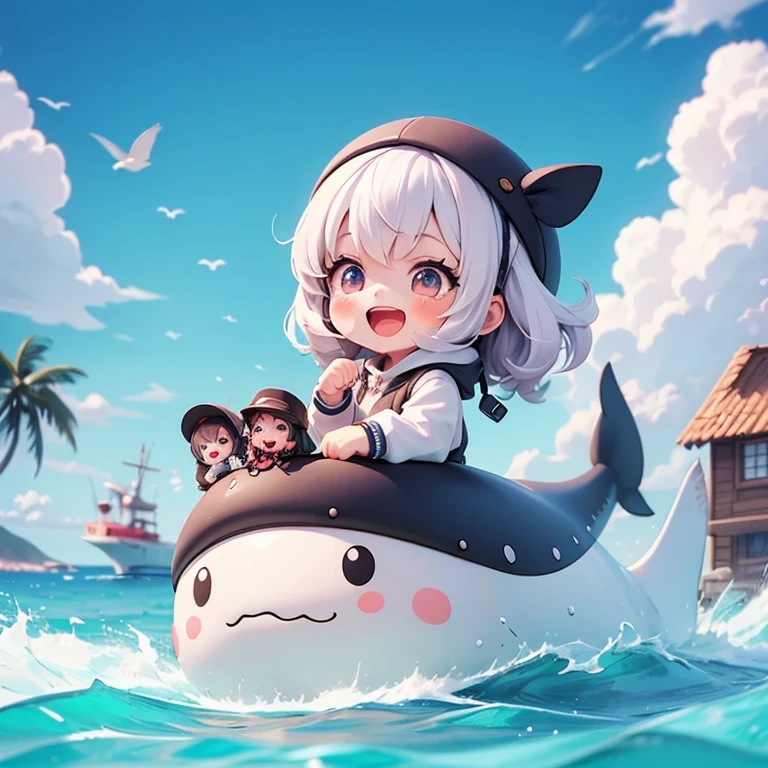 The characters looked very happy..
The character raised his fist.. Whale in front The character opens his mouth and is happy.. , cartoon girl in ch, The cutest cute stickers ever., cute digital art, chibi girl, cute anime style, Cute detailed digital art., chibi anime, cute anime girl, chibi anime girl, cute vtuber house, Sticker illustration. There is a sea. There is a sky. A group of whales. A big whale.