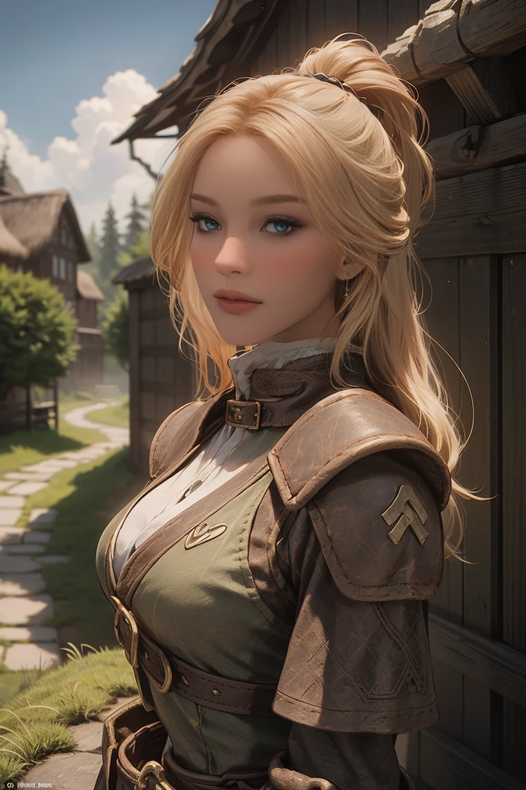 1 girl, masterpiece, 32 yo, femalebreton beauty sits outdoors in a rustic Skyrim village, surrounded by thatched roofs and lush greenery. The sun casts a warm glow on her porcelain skin as she gazes directly into the camera lens, her piercing green eyes sparkling with a hint of mischief. Her raven tresses cascade down her back like a waterfall, framing her heart-shaped face. A gentle smile plays on her lips, inviting the viewer to step into her whimsical world. blonde hair, fit body, (female front body view:1.3), (looking straight at the viewer:1.3)