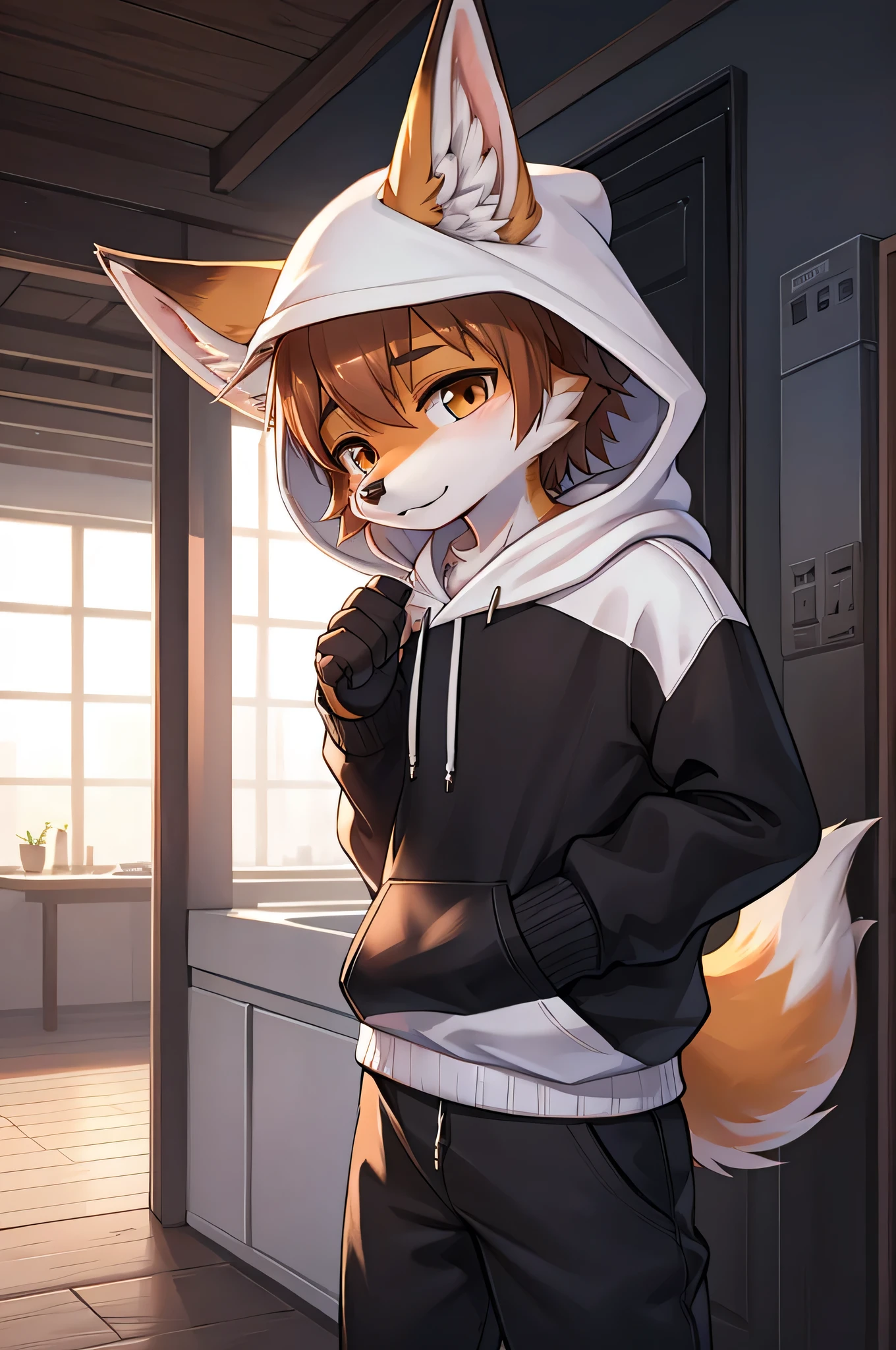Furry,Fox,boy,8k resolution,Highest quality,                   Black trousers,White hoodie outfit！Hanging a smartphone,