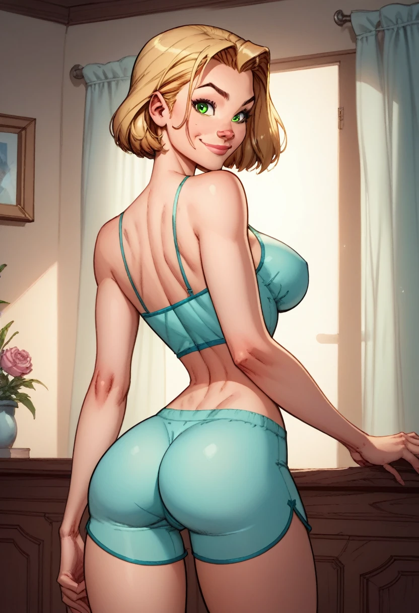 score_9, score_8_up, score_7_up,score_6_up, score_5_up, score_4_up, detailed soft lighting, 1girl, solo, large breasts, AchaseDG, hort hair, blonde hair, green eyes, tight pajama shorts and tight pajama top, in her bedroom, sexy poses, looking at viewer, smile, closed mouth, (masterpiece, best quality, highly detailed, beautiful), (rear view:1.4).