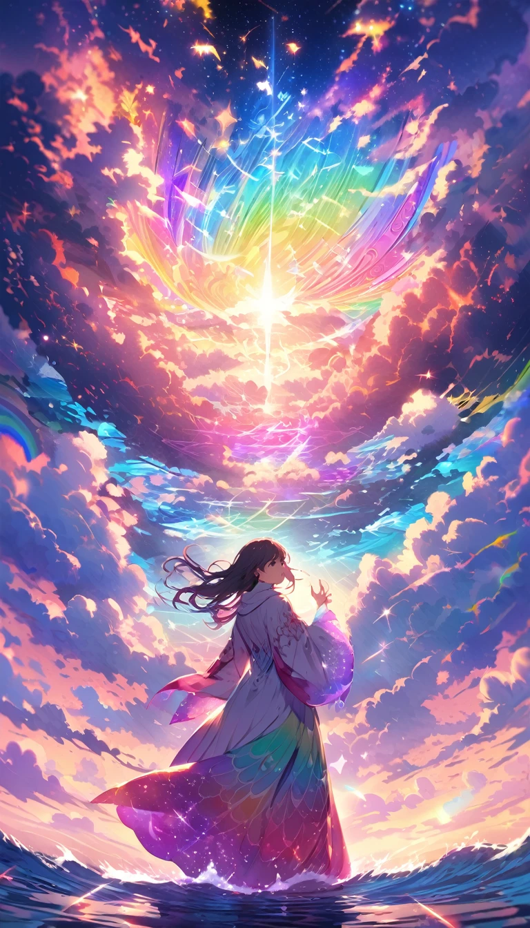Mysterious glowing spell casting girl, ((Fantasy Rainbow Ocean)), Vibrant colors, Fantastic Light, Detailed speech bubbles, Magical atmosphere, Nice views, Dreamy atmosphere, Sparkling, Roomy robes, The magic touch, Mysterious creatures, ((Sparkling waves)), Mystical symbols, Surreal beauty, haze, There'Magic in the air, A magical moment,Mysterious atmosphere, Whimsical Creatures, Full of charm, Fairy, superpower, Fantasy World