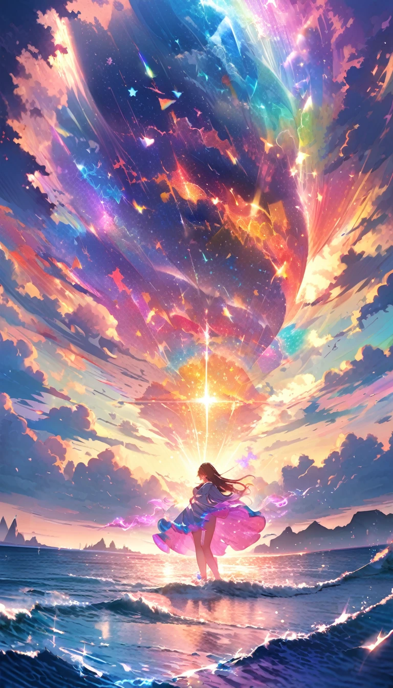 Mysterious glowing spell casting girl, ((Fantasy Rainbow Ocean)), Vibrant colors, Fantastic Light, Detailed speech bubbles, Magical atmosphere, Nice views, Dreamy atmosphere, Sparkling, Roomy robes, The magic touch, Mysterious creatures, ((Sparkling waves)), Mystical symbols, Surreal beauty, haze, There'Magic in the air, A magical moment,Mysterious atmosphere, Whimsical Creatures, Full of charm, Fairy, superpower, Fantasy World