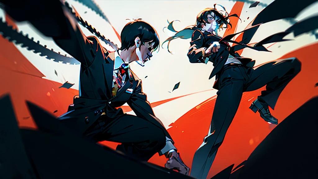 Makima (chainsaw man) now fists in the air, The American flag flutters behind, makima wear black office suit, anime background key visual, still from anime, a-1 pictures, 8k, ultra sharp