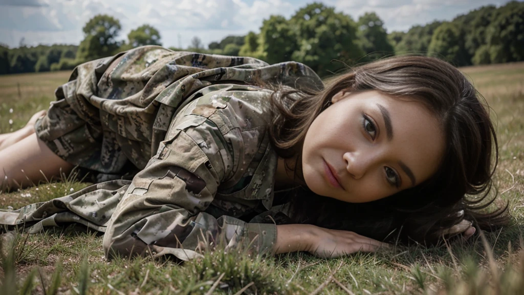 Women laying on her stomach, laying on grass, bleading in to the background, military ghillie suit