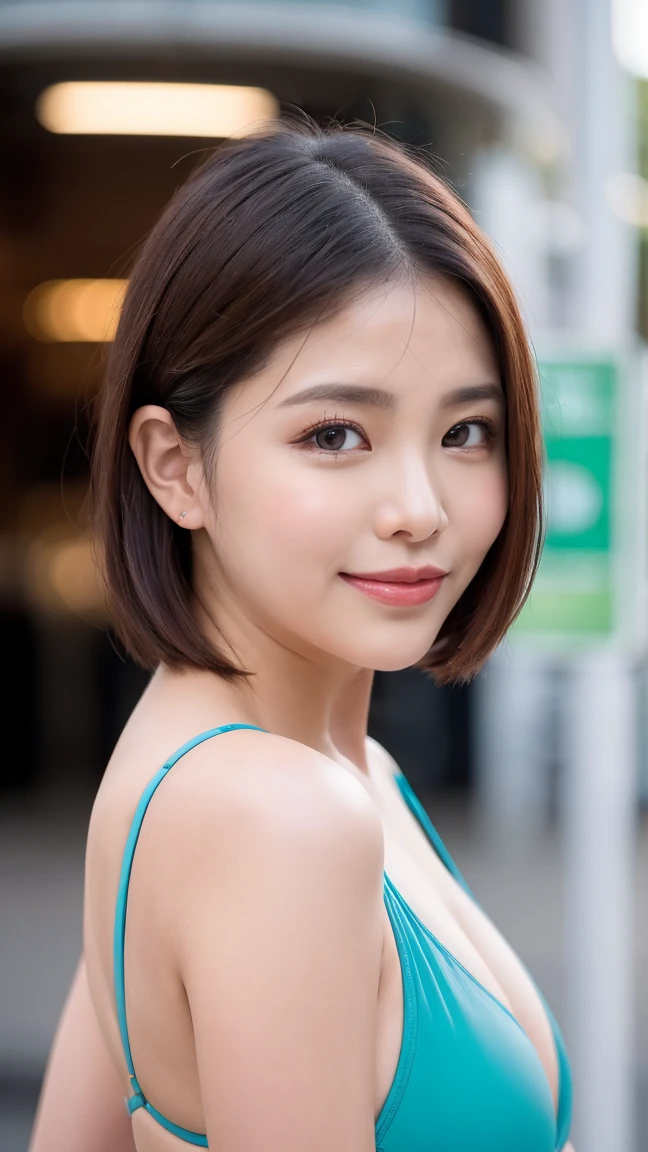 (((8k、High resolution、Highest quality、High resolution)))alone、masterpiece, ultra detailed, absurdres, factory, waving at the camera, happy, looking back, blunt cut, bob, silver hair, aqua eyes, droopy eyes, wide-eyed, tan lines, swimsuit, beauty mark, cute face, japanese idol, Joyful Scene