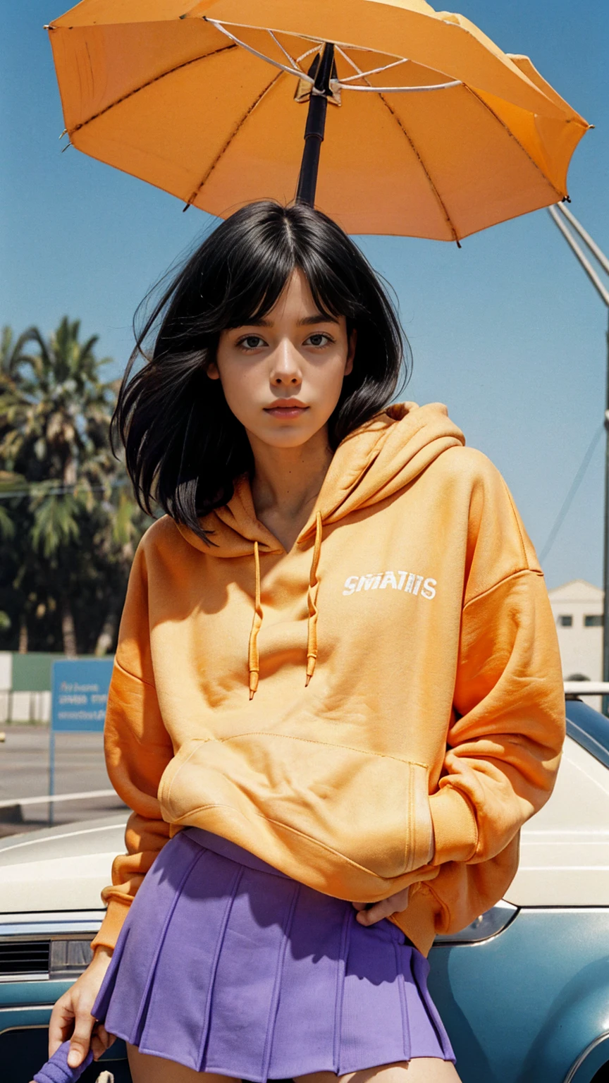 portrait of a 23 yo girl, (perfect natural breast) ,wear (((color orange oversized hoodie))), wear ((purple tennis skirt)),looking front,Best Quality,Masterpiece,Ultra High Resolution,(Realisticity:1.4),Original Photo, 1Girl, light leak,ultra high resolution,UHD,beautiful, (black bob hair), almond eye, no makeup, in front of ((80's gas station)), (realistic:1.2), (surreal:1.3), (very detailed:1.1), ((masterpiece)),summer, blue sky, palm trees,sunny, los angles vibes,film camera, 800mm lens,style of Philip Lorca diCorcia