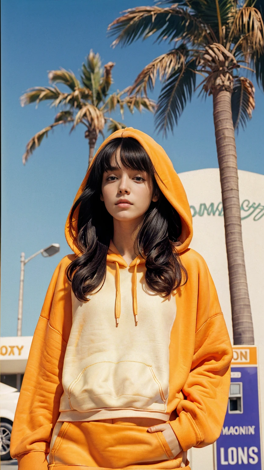 portrait of a 23 yo girl, (perfect natural breast) ,wear (((color orange oversized hoodie))), wear ((purple tennis skirt)),looking front,Best Quality,Masterpiece,Ultra High Resolution,(Realisticity:1.4),Original Photo, 1Girl, light leak,ultra high resolution,UHD,beautiful, (black bob hair), almond eye, no makeup, in front of ((80's gas station)), (realistic:1.2), (surreal:1.3), (very detailed:1.1), ((masterpiece)),summer, blue sky, palm trees,sunny, los angles vibes,film camera, 800mm lens,style of Philip Lorca diCorcia