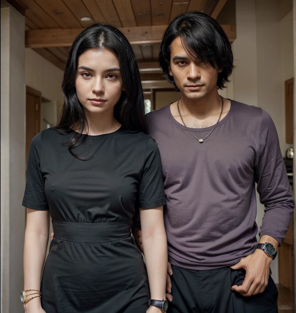 The man's shirt is light-black, his pants are black, and he has a watch on his left hand. The woman is wearing a light-purple dress, her hair is black, and she is wearing a watch on her right hand. Both are a couple. The color of the skin is pale. The floor is an old house indian cupple
