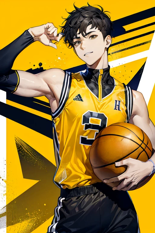 Short black curly haired basketball boy with jersey yellow sando cool 