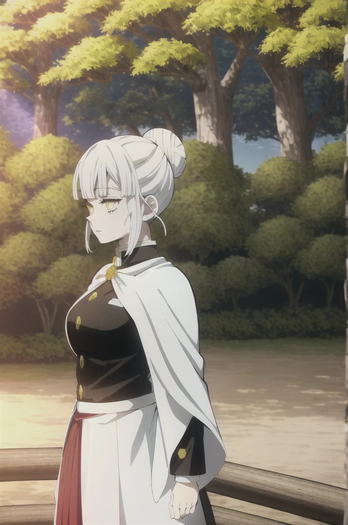 kimetsu no yaiba style, 1girl, white hair in a bun, demon slayer uniform, solo, yellow eyes,katana ,white hair, black cape, cape, outdoors, bangs, tree, fence, anime coloring, ((masterpiece))