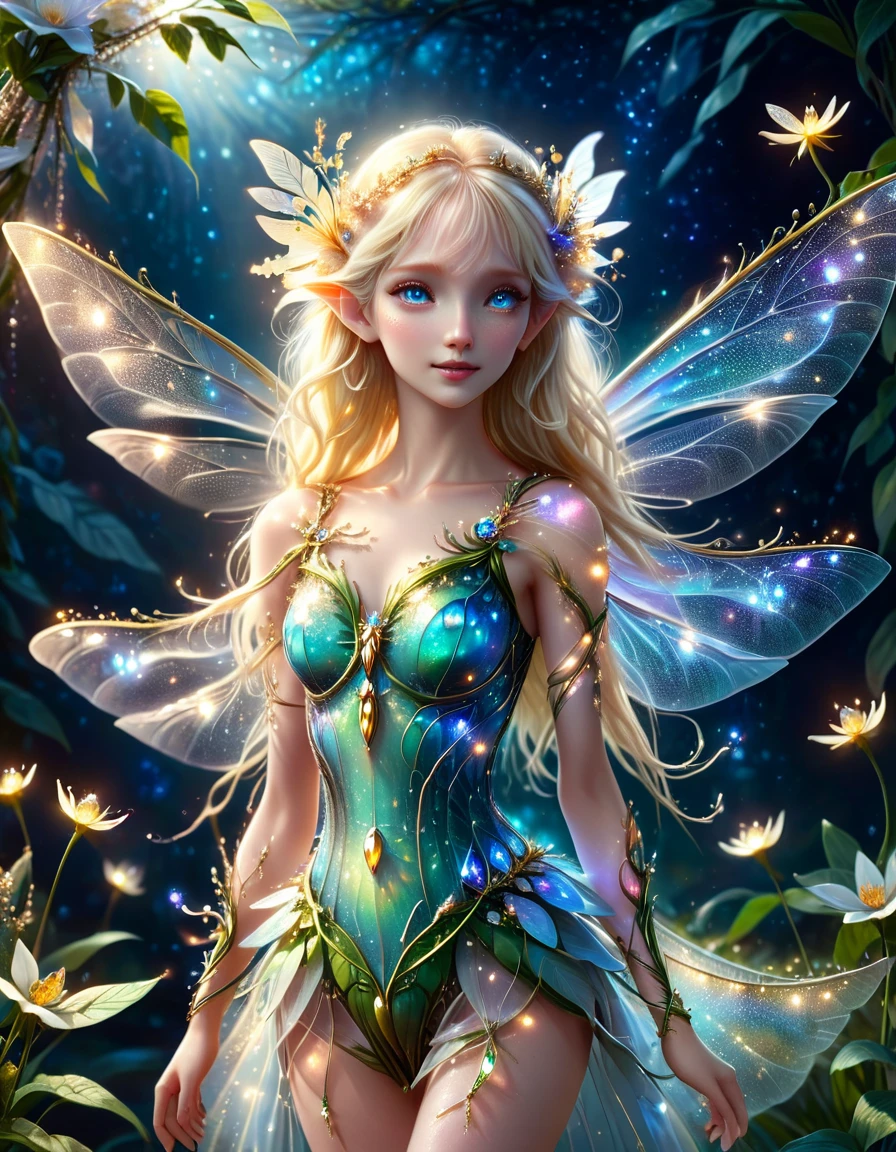 (master piece), 8k, best quality, panoramic view, full body view, fairy, emanated an aura of delicacy and youth, 12 centimeters tall. Her skin was white as snow, while her blonde hair shone like strands of gold in the sun. Her very conservative clothes that cover her body well, made of skillfully woven flower petals, 4 delicate translucent dragonfly wings, exuded an enchanting glow, lighting her way with pure magic. Her blue eyes sparkled, while her pointed elfin ears added a touch of charm to her celestial appearance.