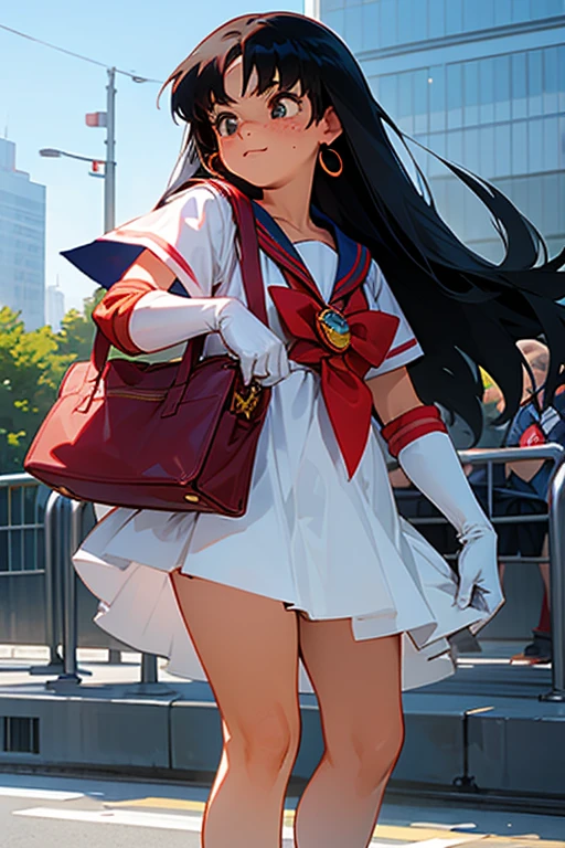 A chubby girl with black hair and freckles dressed as Sailor Mars, wearing red high heels and white gloves with a shy expression.　barefoot　Comiket Venue　long handbag