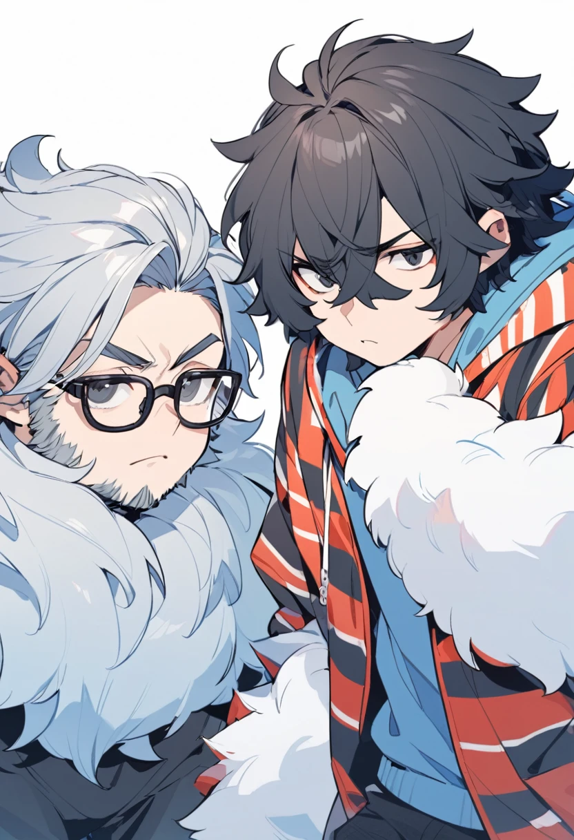 hairy, black eyes, Duet, hairy男, , Body hair, Fluffy fur, White paws, Blue and white fur, Dark blue sweatshirt, Black pants, Black Hair, Gray ears, Gradient hair, Colorful hair, Black glasses, hairy尾巴, Red Stripes, short hair, Bangs, hood, boring, Serious, Black Hair, Big Dick, 