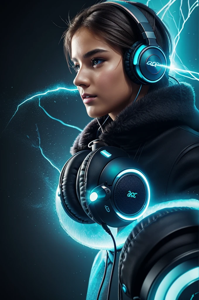 Strict style, ACER design, cold haze, design, headphones, lightning around headphones, product, beautiful banner, magical effects around the headphones, beautiful effects, haze in the background, Magic, headphones, subject, headphones