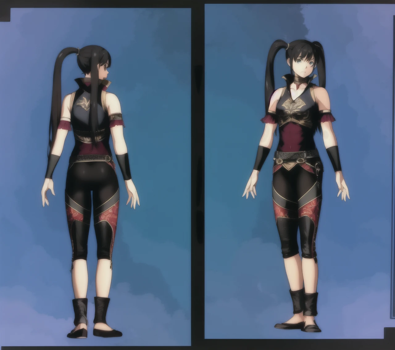 An anime picture, a perfect body, full body, villages background, female warrior, black twin tails, tank top armor, black armor, and black leg tinte
