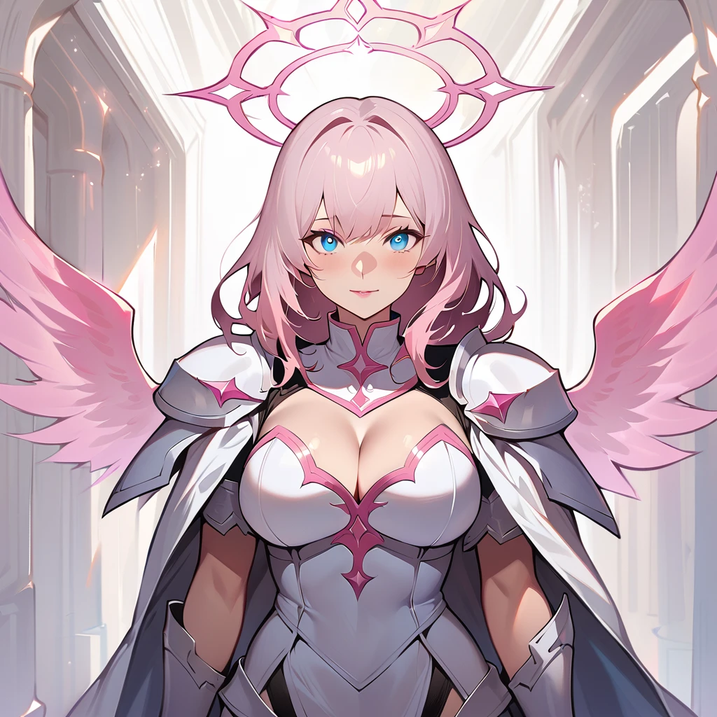 (high quality, 8k, 4K, high contrast, artwork:1.2, high quality, best aesthetics), (centered), ((1 woman)), erotic, sensual, sexy woman, mature body, super detailed, beautiful face detailed, beautiful eyes detailed, detailed beautiful mouth, perfect breats, (light pink hair, long light pink hair, wavy light pink hair), (blue eyes), (white medieval armor with pink details), (shoulder pads), (cleavage on breasts), (long white cape), (pink angel halo), (calm expression), (standing), (looking at the viewer), (front view)