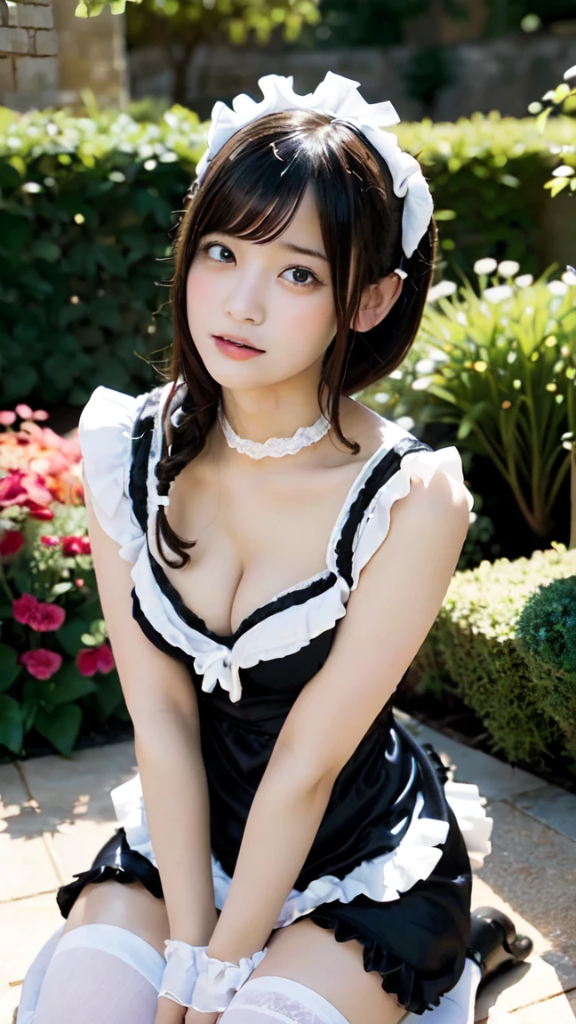 ((Beautiful girls, 18-year-old:1.5)), ((French maid:1.5)), ((Beautiful gardens, Random sexy poses:1.5)), ((put in、Deep sorrow、Ecstatic Eyes:1.2)), despair, ((Expression of intense pleasure:1.2))、((I gasp violently:1.2)), Ecstatic face、Detailed face、Watery eyes、Detailed eyes、Frowning、Climax expression、look up、My whole body is convulsing, Maid Choker, 巨大なCleavage、Thighs, Frilled Skirt、Glowing Skin、Cleavage、Lots of frilly socks、Official Art,Highly detailed CG Unity 8k wallpaper, (masterpiece:1.0),(Highest quality:1.0), photo shoot, 8k, Browsing Caution, High resolution, Kodak Portrait 400, Film Grain, Lens flare brilliance,View your audience
