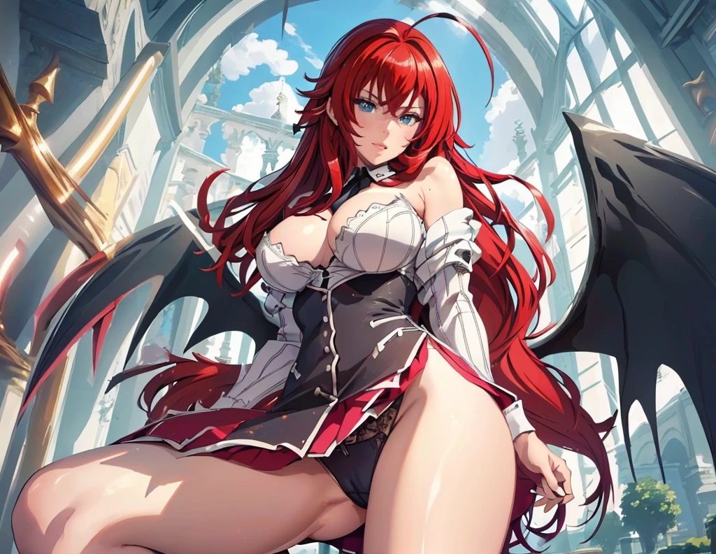 ((1girl, solo)), ((rias gremory)), black wings, low wings, feathered wings, beautiful body, (perfect ???????, perfect body, perfect hands, perfect legs), nice hands, natural proportions, ???? body, (?????????????:1.3) BREAK 

((extremely detailed face)), (blue eyes:1.2), (beautiful detailed eyes:1.6), (realistic pupils, realistic iris:1), expressive eyes, ((looking at viewer)), (clear eyes:1.3), (hyperrealistic:1.2), (detailed skin texture:1.2), smooth skin, (red hair:1.5), ahoge, long hair, hair between eyes, (detailed lips:1.2), (attractive lips:1.1), (glossy lips:1.1), ((smile)), (parted lips), perfect face, perfect eyes BREAK

revealing clothes, ???? shoulders, cleavage, detached collar, stomach, navel, pelvic curtain, groin, thighs, thighlet, armlet, gold trim BREAK

(masterpiece:1.5), anime-style, top quality, best quality, (beautiful and aesthetic:1.2), (ultra detail:1.5), Ultra-detailed depiction, Ultra-precise depiction, extremely detailed 8k illustration, high resolution, (highly detailed shading:1.2), (realistic lighting:1.4), perfect lighting, vibrant colors, dynamic tones, striking hues, 8k, absurd resolution, perfect shadows, hdr, UHD, ambient lighting, realistic, ultra-realistic, photo realistic, highly detailed, rich detail, luminous colors, fine texture, intricate design, professional illustration, (soft light:1.2), (illustration:0.7)
