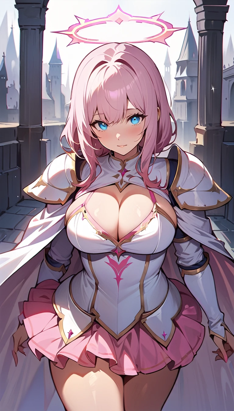 (high quality, 8k, 4K, high contrast, artwork:1.2, high quality, best aesthetics), (centered), ((1 woman)), erotic, sensual, sexy woman, mature body, super detailed, beautiful face detailed, beautiful eyes detailed, detailed beautiful mouth, perfect breats, perfect wide thighs, (light pink hair, long light pink hair, wavy light pink hair), (blue eyes), (white medieval armor with pink details), (pink ruffed skirt), (shoulder pads), (cleavage on breasts), (long white cape), (pink angel halo), (calm expression), (standing), (looking at the viewer), (front view)