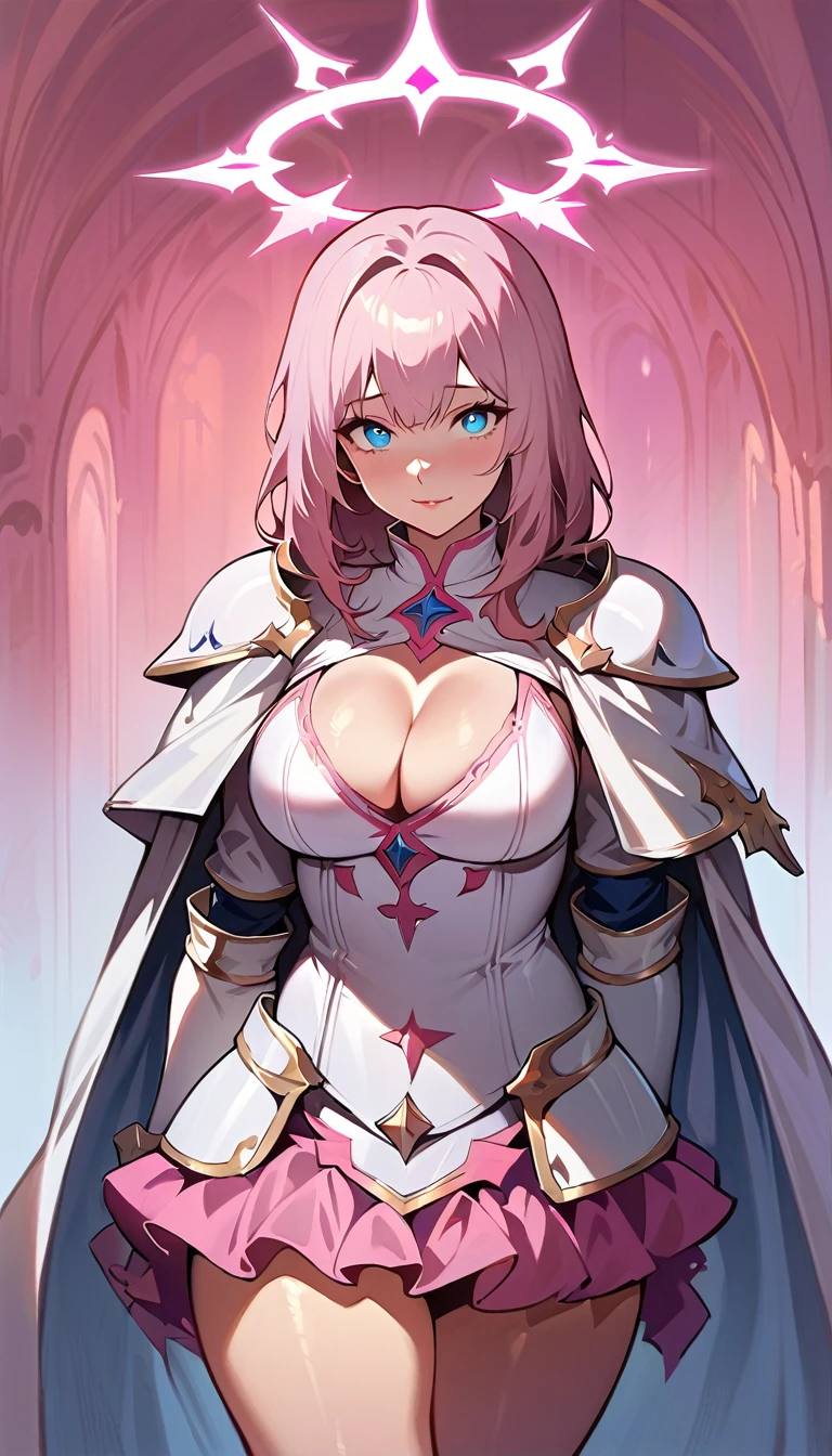 (high quality, 8k, 4K, high contrast, artwork:1.2, high quality, best aesthetics), (centered), ((1 woman)), erotic, sensual, sexy woman, mature body, super detailed, beautiful face detailed, beautiful eyes detailed, detailed beautiful mouth, perfect breats, perfect wide thighs, (light pink hair, long light pink hair, wavy light pink hair), (blue eyes), (white medieval armor with pink details), (pink ruffed skirt), (shoulder pads), (cleavage on breasts), (long white cape), (pink angel halo), (calm expression), (standing), (looking at the viewer), (front view)