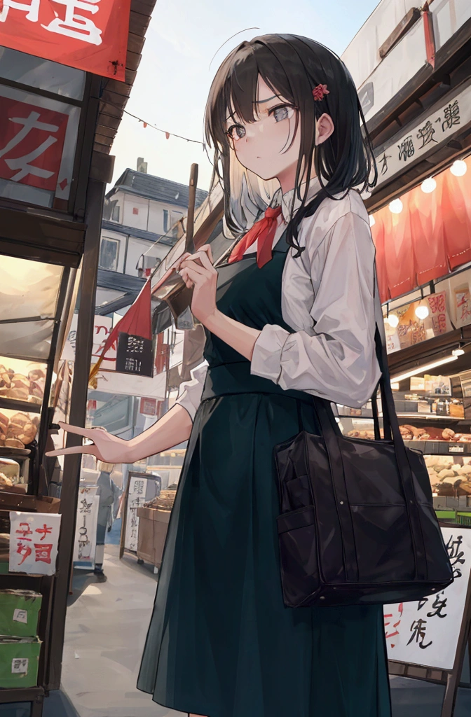 Draw a scene where Elliot and Alisa intervene in a heated argument between townsfolk at the market.。Elliot holds up his hands to try to calm the residents down.、Please emphasize how Arisa persuades with a gentle expression.。The background contains details that convey the chaotic market scene and the lack of supplies.、Please express the atmosphere of anxiety and frustration in the town.。Also、The expression of dissatisfaction and doubt of the residents is also depicted.、Add a sense of urgency that an enemy is lurking within.。