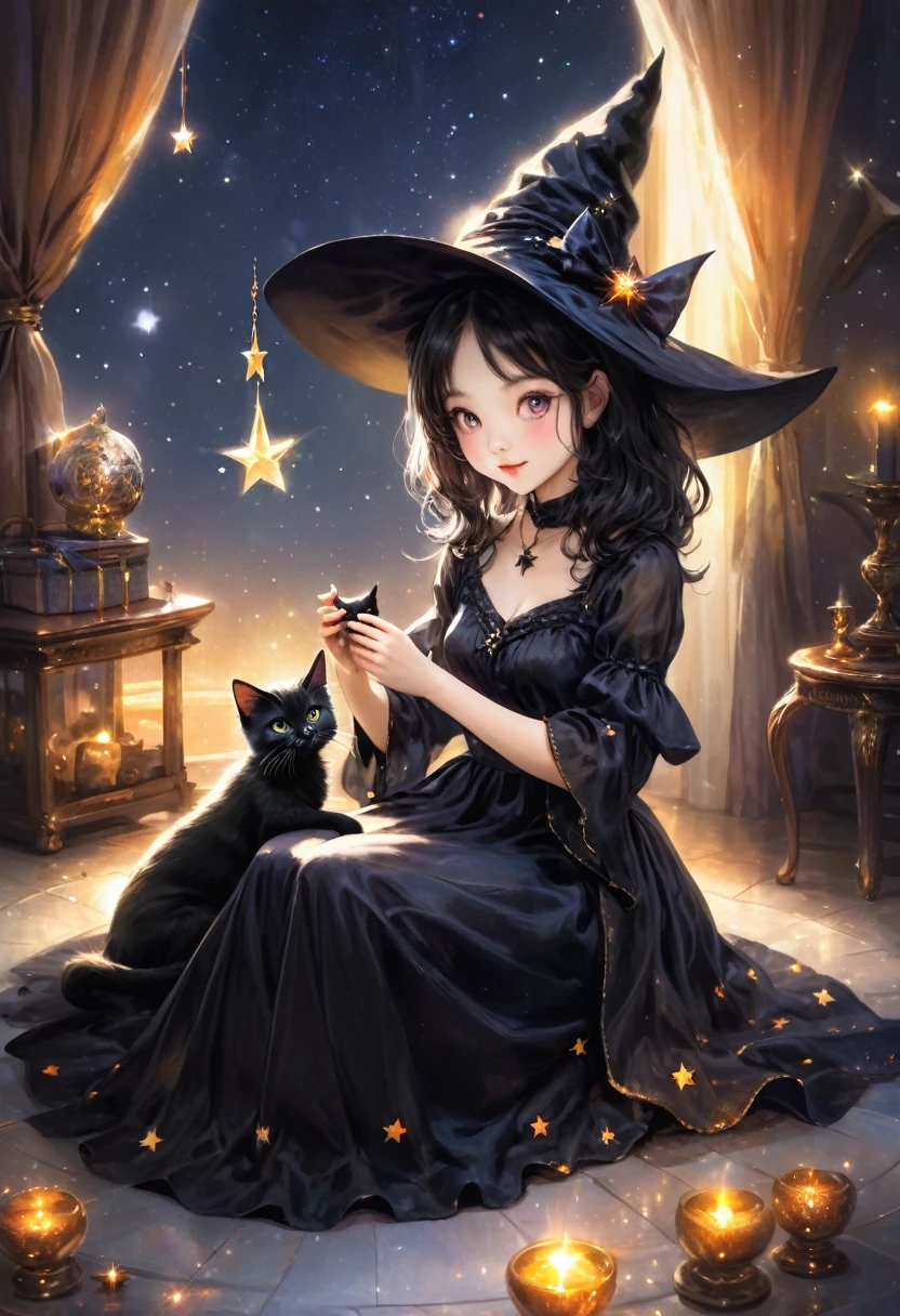 witch, Sitting elegantly and playing with a black kitten,The background is a glittering star