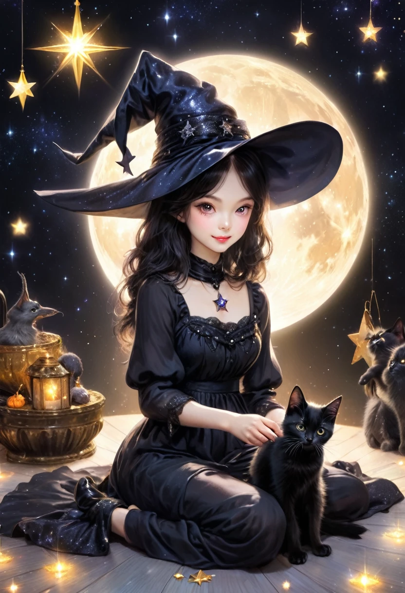 witch, Sitting elegantly and playing with a black kitten,The background is a glittering star