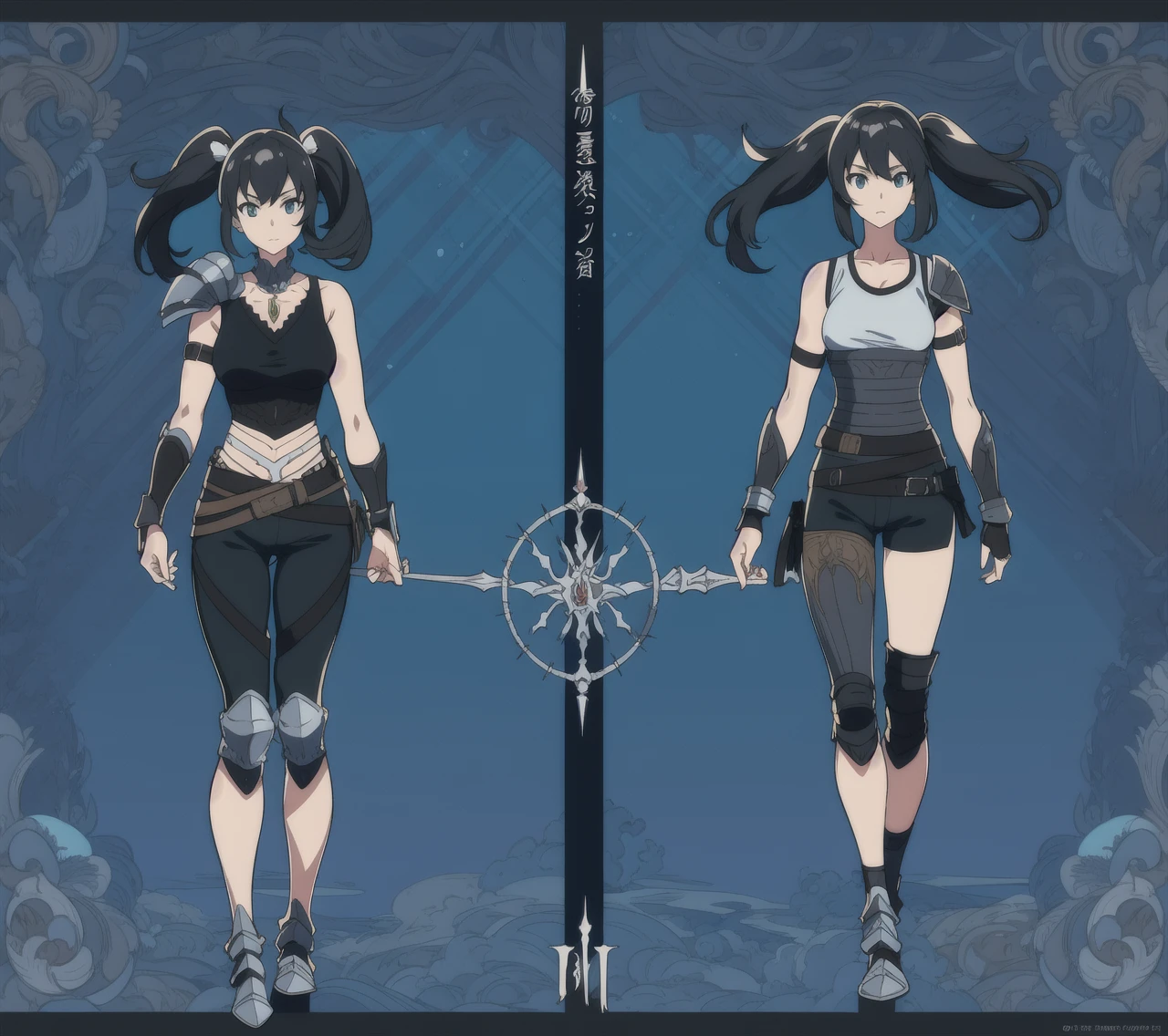 An anime picture, a perfect body, full body, villages background, female warrior, black twin tails, tank top armor, black armor, and black leg tinte