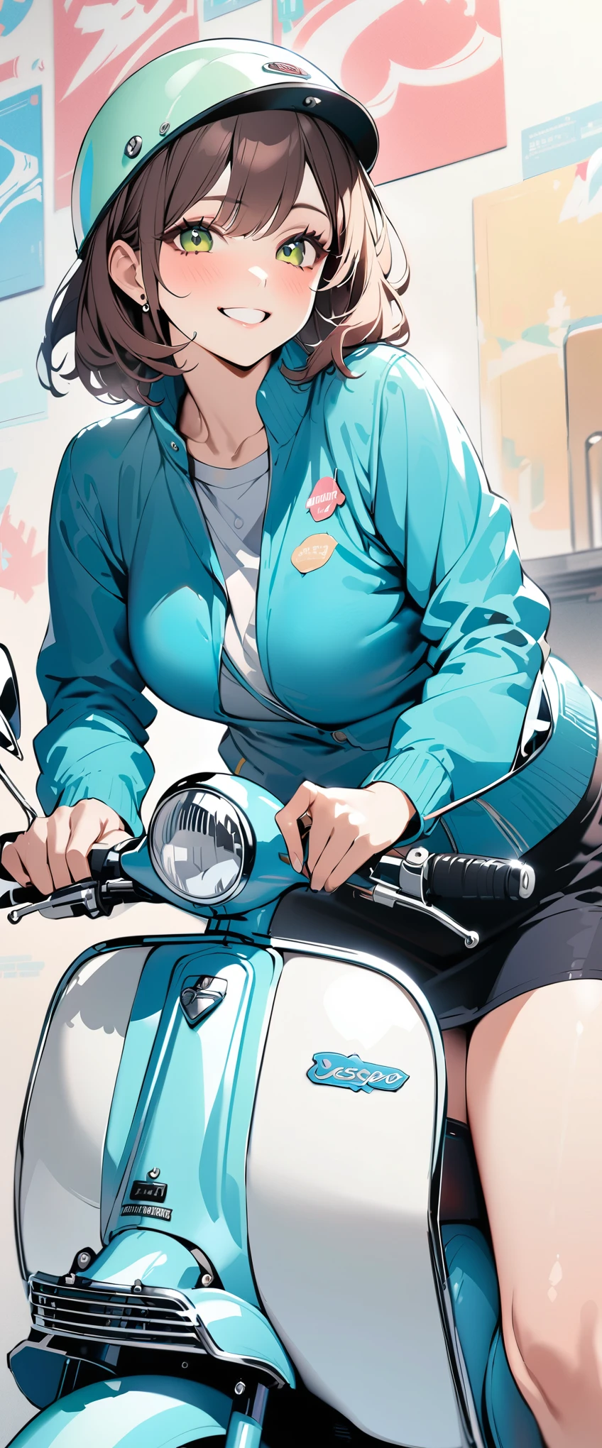 (masterpiece),(Highest quality:1.2),(Super detailed),(High resolution),(Highest quality),An illustration,8k,wallpaper,One female,Woman riding a green Vespa,(smile),Retro helmet,Stylish clothing,Detailed hands,Beautiful female hands,(Hand,detailed,perfect,perfection,hands)