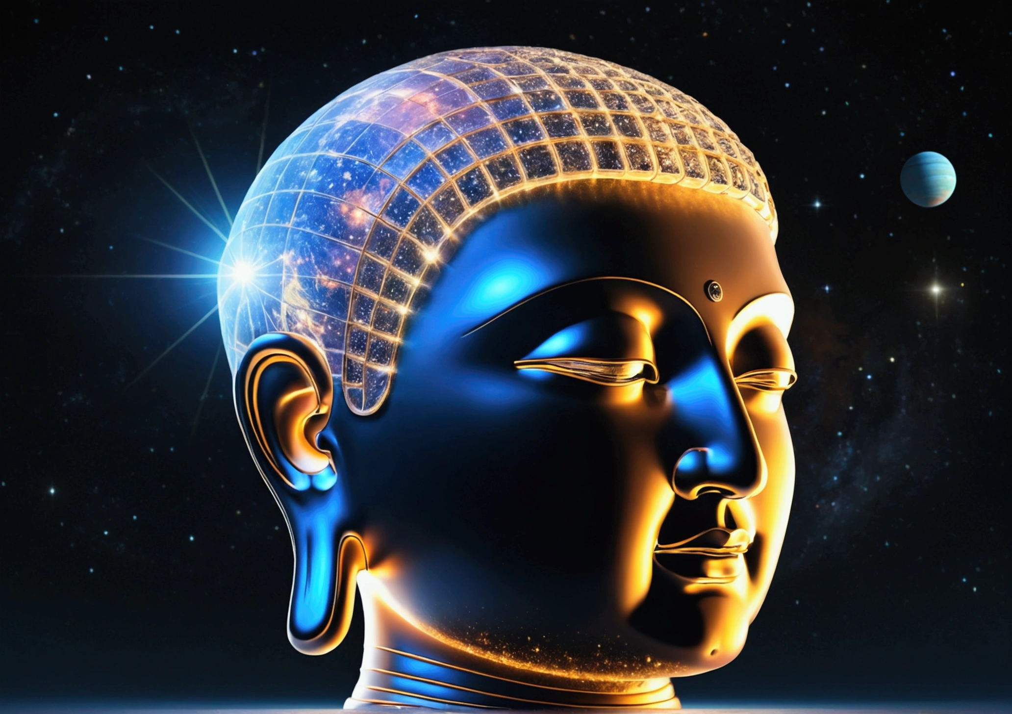 A giant transparent Buddha head looks at a tiny planet in the universe,Glow Effect,oc rendering