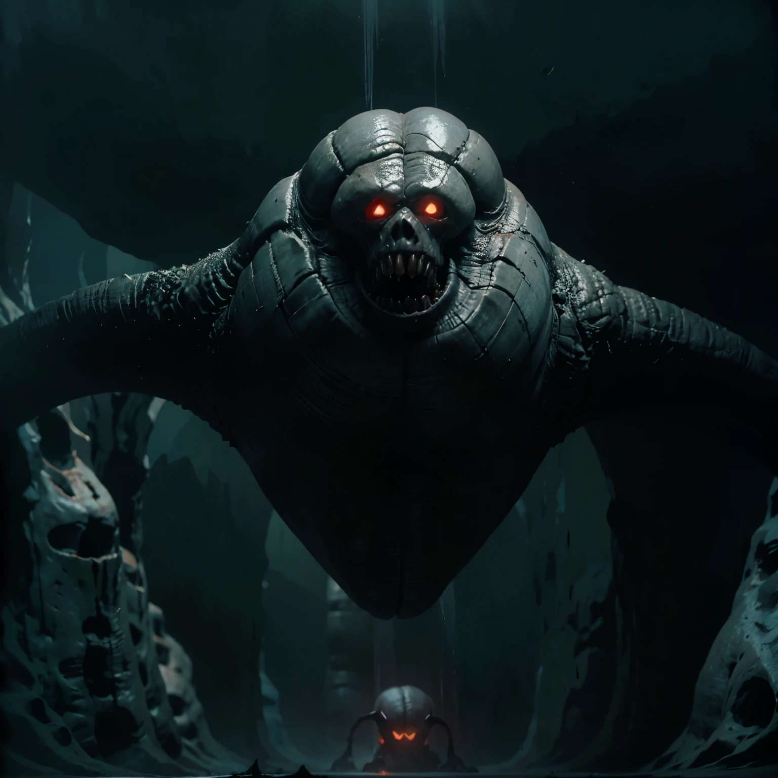 A monstrous creature emerging from a dark, cavernous environment, with glowing eyes and a menacing, twisted appearance. The prompt could be: "A terrifying, otherworldly creature lurking in a dank, foreboding cave, with intricate, nightmarish details, dramatic lighting, and a sense of impending danger, in the style of dark fantasy art."