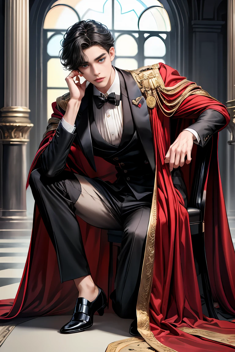masterpiece, 最high quality, high quality, 1 boy, alone, Male focus, Watching the audience, Messy black hair, Adorable big blue eyes, White people, Noble, Noble,Sexy voluminous black and red cape、Tuxedo、A very voluminous, large, very large, very large, long, long red and black cape with a high stand-up collar, reaching down to the floor, made of a lot of fabric., 17 years old,Cute beautiful boys,Cute, cute, kind, handsome guy
